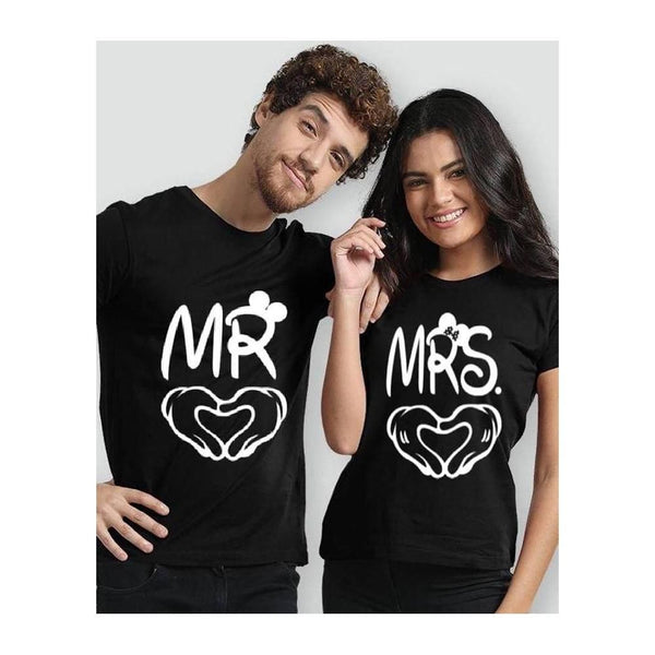 Wf Store- Pack Of 2 MRS. MR Printed Half Sleeves Tee - Black