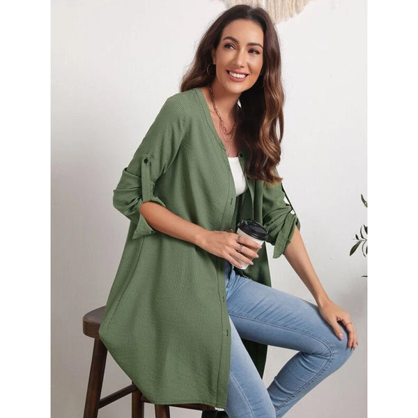 Shein- Roll Up Sleeve High Low Blouse- Green