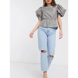 Asos Design- Recycled Florence Authentic Straight Leg Jeans in Bright Lightwash Blue with Rips and Raw Hem