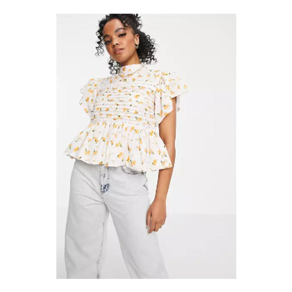 Asos- Design short sleeve floral top with pintucks and lace insert in white