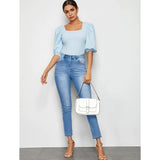 Shein - Square Neck Puff Sleeve Top- Baby Blue