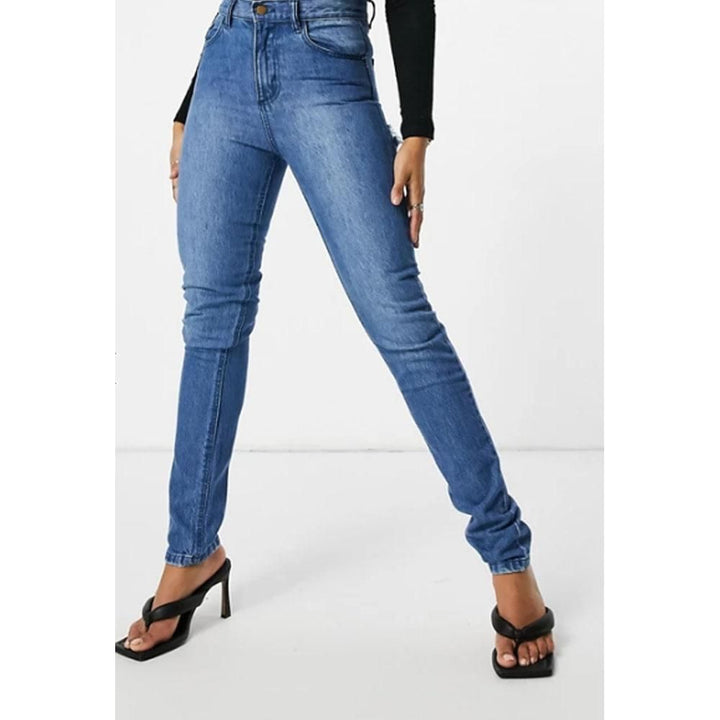 Asos Design- Femme Luxe Straight Leg Jean With Distressed Bum Detail in Mid Wash