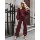 Shein- Lantern Sleeve Rib-knit Top and Trousers Set