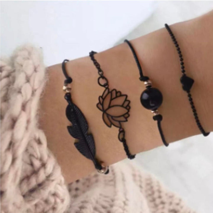 Shein- Fashion Jewellery 4 Pcs Black Leaf Heart Bracelet For Girls