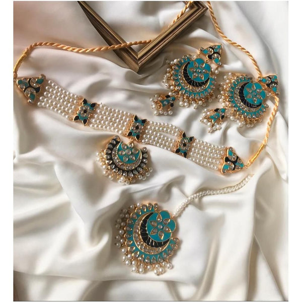 House Of Jewels- Blue Meenakari Set (Choker,  Earrings  and Teeka