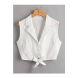 Romwe- Solid Button Bow Sleeveless Blouse