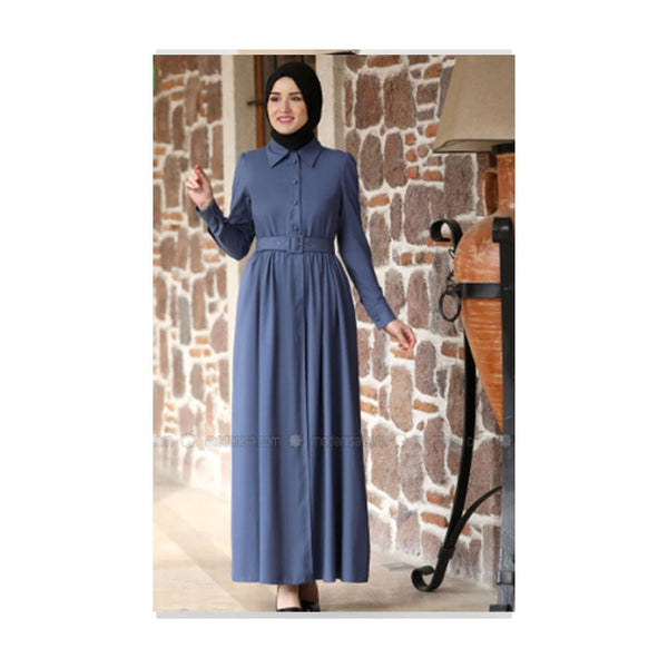 Modanisa- Rana Zenn Indigo - Point Collar - Unlined - Modest Dress