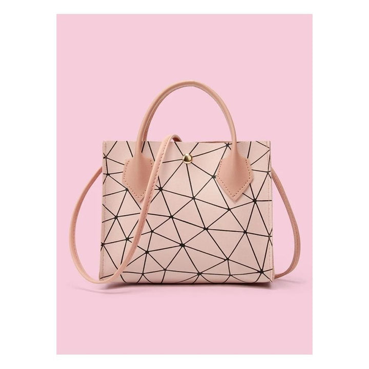 Shein- Geometric Pattern Snap Button Satchel Bag - Pink