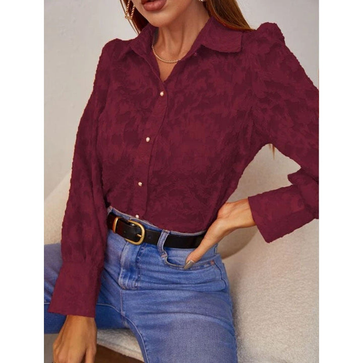 Shein- Allover Pattern Button Up Lace Blouse- Burgundy