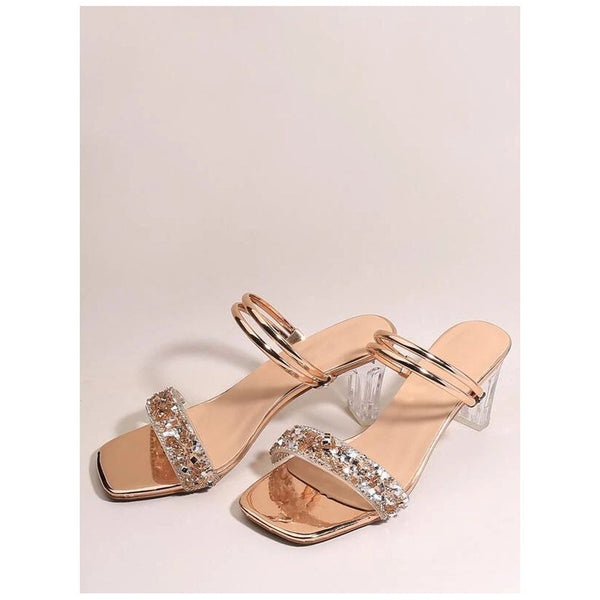 Shein- Rhinestone Decor Chunky Heeled Sandals Gold