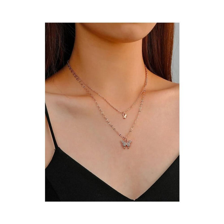 Romwe- Butterfly Pendant Layered Chain Necklace