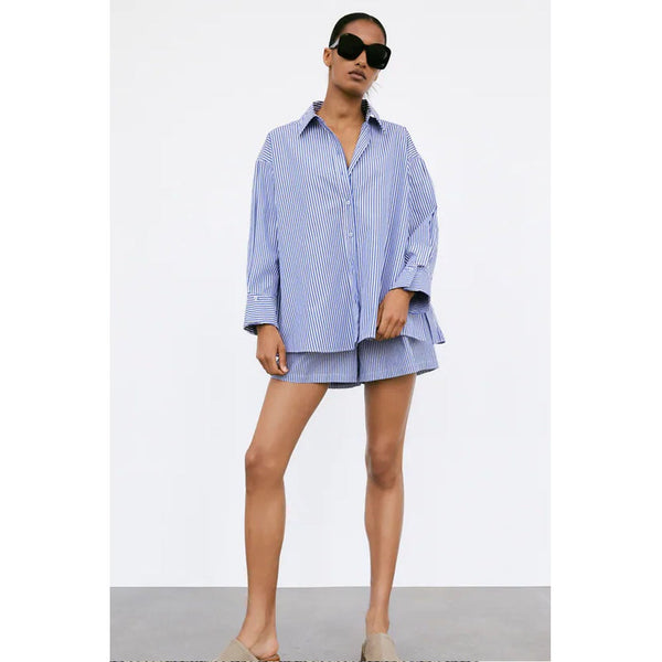 Zara- Striped Poplin Shirt- White/Navy