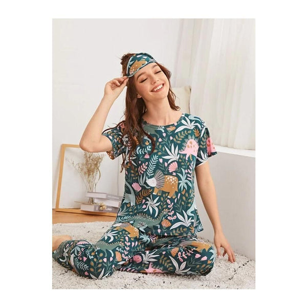 Shein- Cartoon Dinosaur Print PJ Set & Eye Cover