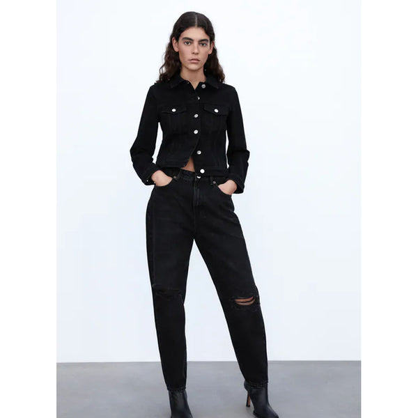 Zara- Ripped Mom Jeans- Black