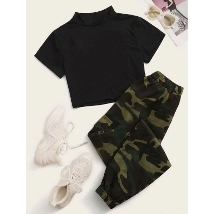 Shein- Mock Neck Cropped Tee & Camo Print Joggers Set