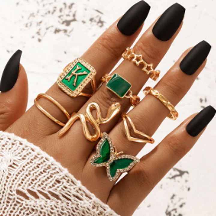 Shein- Fashion Jewellery 8Pcs Charming Green Crystal Stone Butterfly Rings For Women