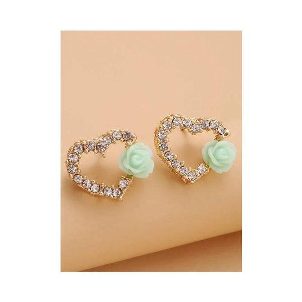 Romwe- Flower Decor Rhinestone Heart Design Stud Earrings