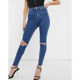 Asos Design- High Rise Ridley Skinny Jeans In Bright Midwash With Raw Hem