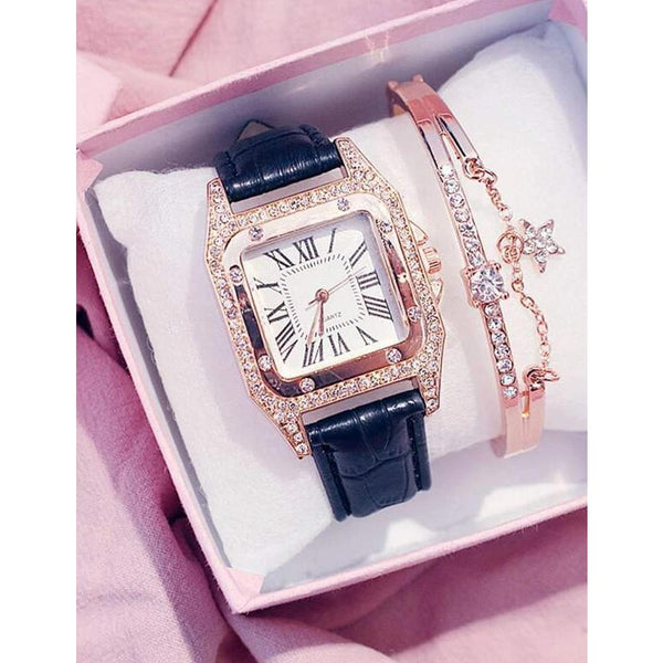 Shein- 1pc Rhinestone Decor Square Pointer Watch & 1pc Bracelet