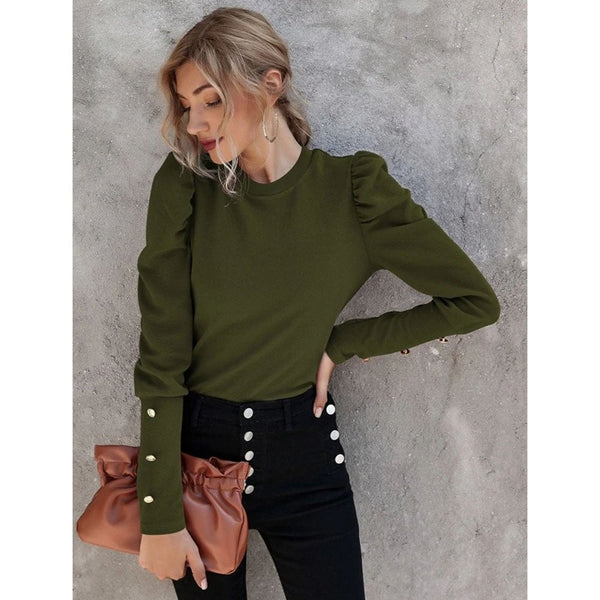 Shein- Gigot Sleeve Button Detail Top- Army Green