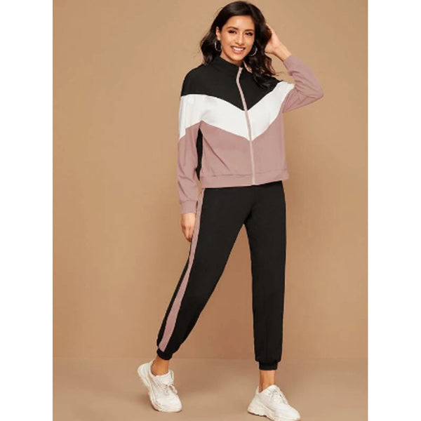 Shein- Zip Up Chevron Colourblock Sweatshirt & Joggers Set