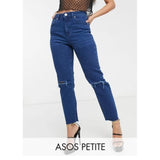 Asos Design- Petite Farleigh High Waisted Slim Mom Jeans With Rips in Bright Blue Wash With Raw Hem