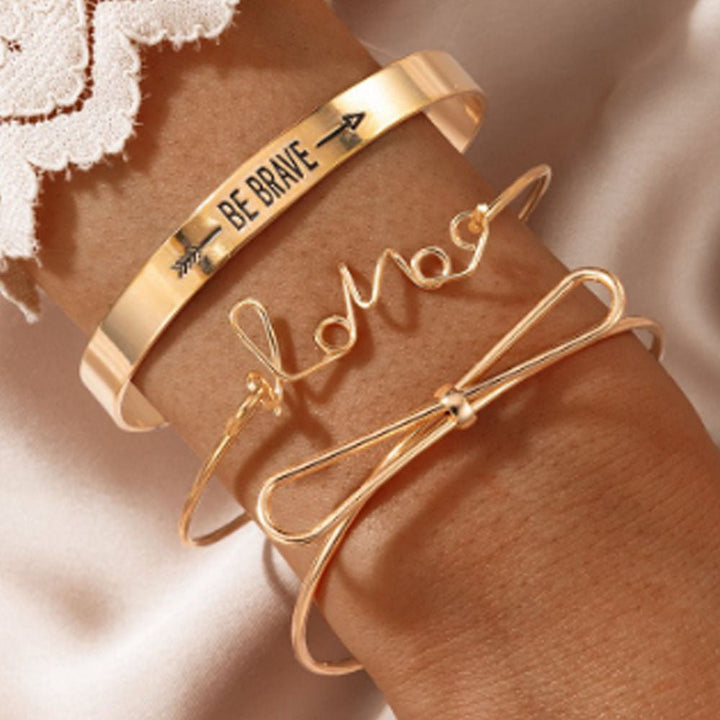 Shein- Fashion Jewelery 3 Pcs Love Be Brave Bow Golden Bangle Bracelet For Girls