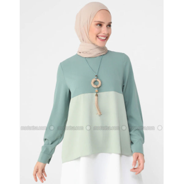 Modanisa- Refka White - Green Almond - Ecru - Mint - Crew neck - Tunic