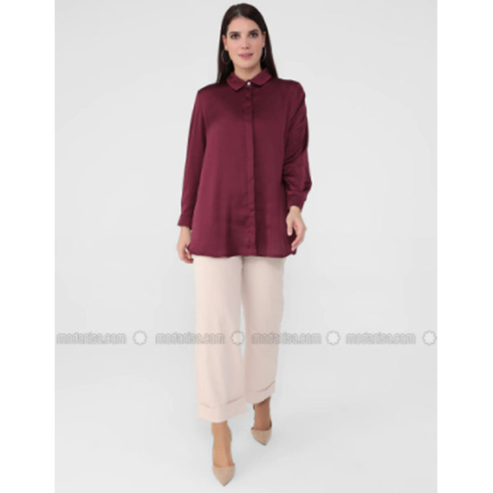 Modanisa- Alia Maroon - Point Collar - Plus Size Tunic