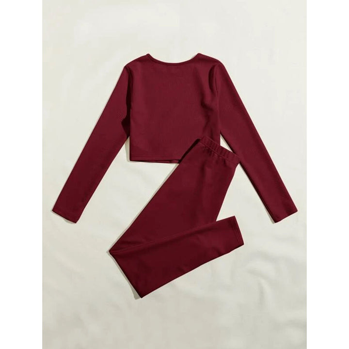 Shein- Rib-knit Solid Top & Tie Waist Leggings Set- Burgundy