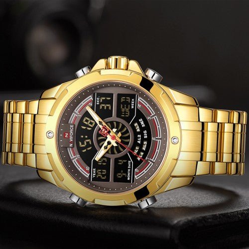 Naviforce- Nf9170 Led Display Metal Case Dual Display Watch Business Style Men Digital Watch Golden