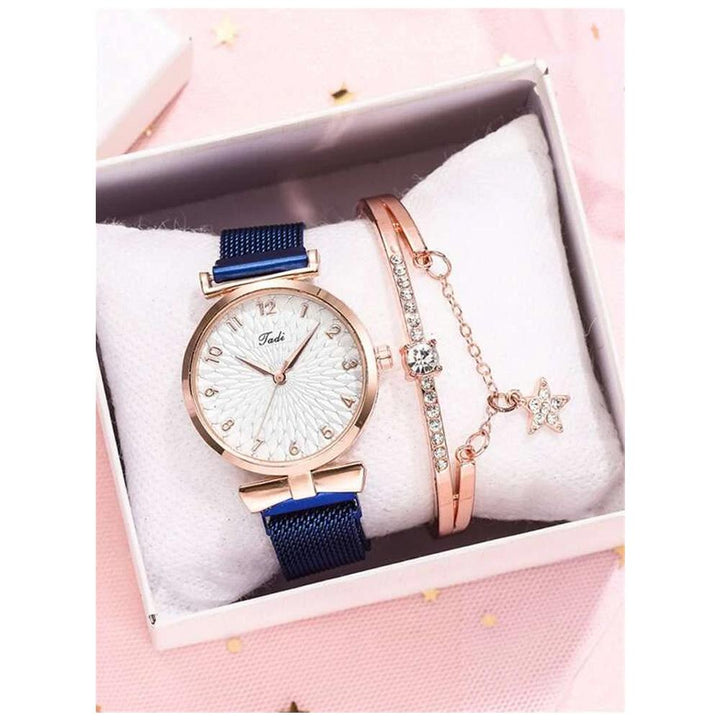 Shein- 1pc Mesh Strap Round Pointer Quartz Watch & 1pc Bracelet