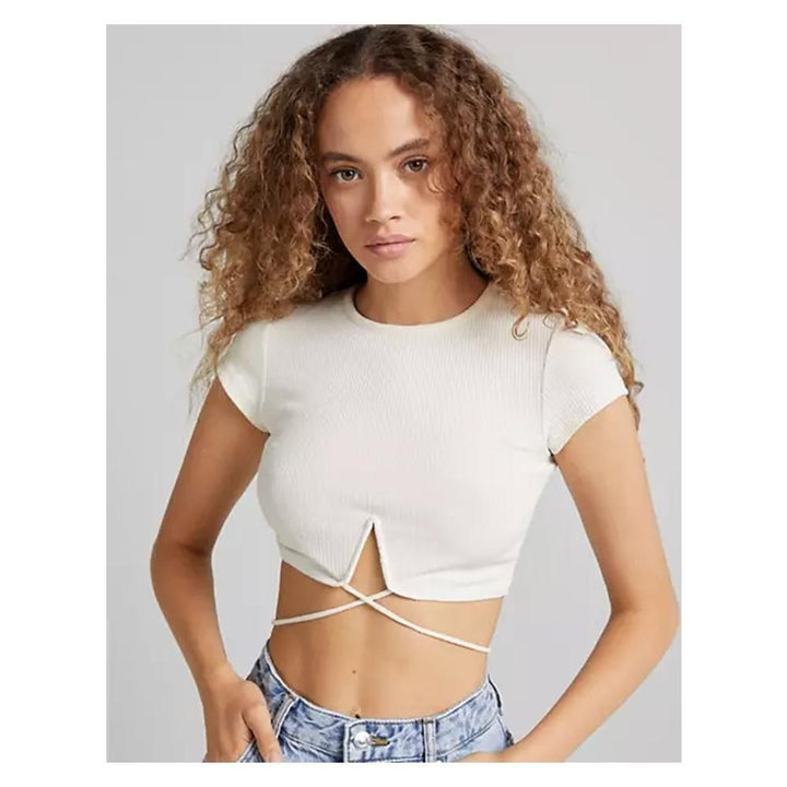 Asos- Bershka Bust Seam Wrap Around Crop Top In White