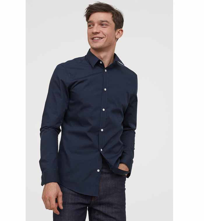 H&M- Men Slim Fit Easy-Iron Shirt- Dark Blue