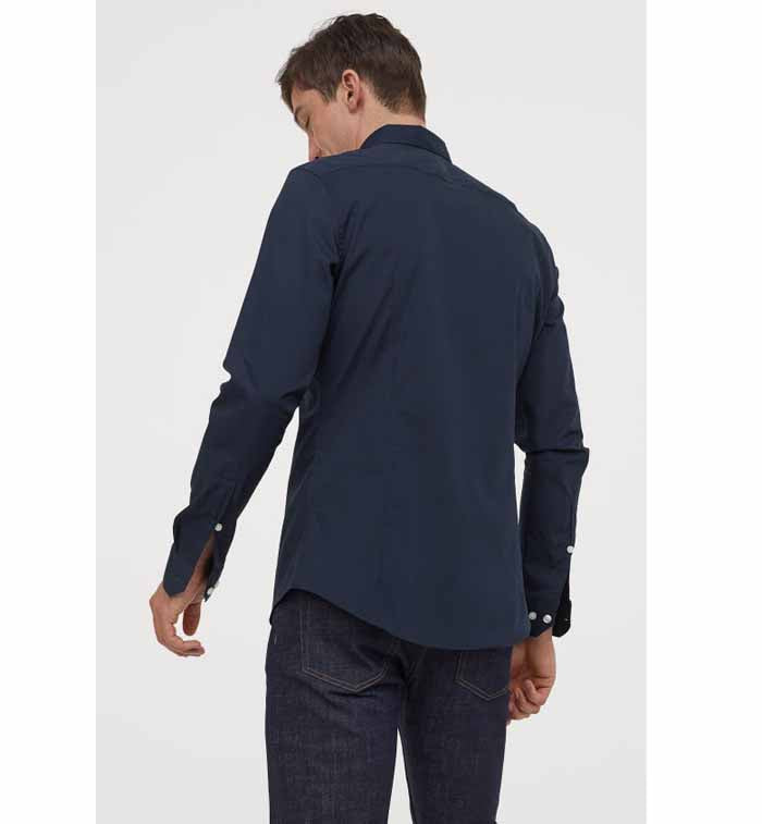 H&M- Men Slim Fit Easy-Iron Shirt- Dark Blue