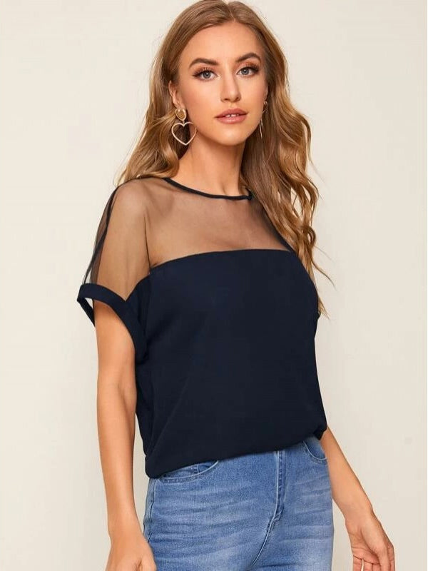 Mardaz- Mesh Yoke Dolman Sleeve Top Md2002- Blue