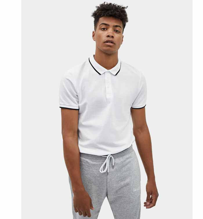 Bershka- Polo Shirt With Contrasting Stripes- White