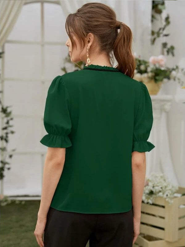 Mardaz- Tie Neck Flounce Sleeve Blouse Md1954- Green