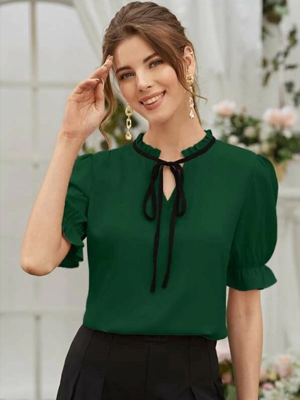 Mardaz- Tie Neck Flounce Sleeve Blouse Md1954- Green