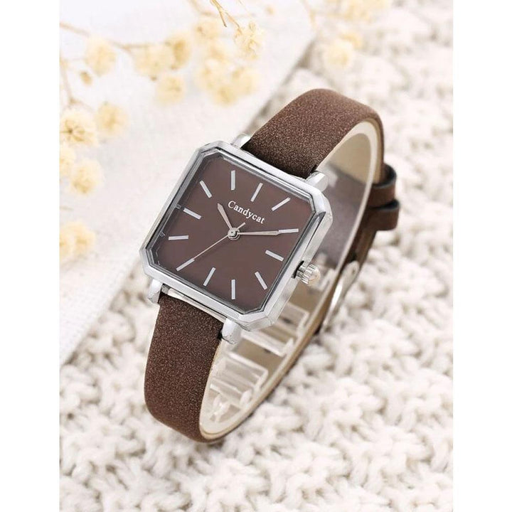 Shein- Square Pointer Quartz Watch- Brown