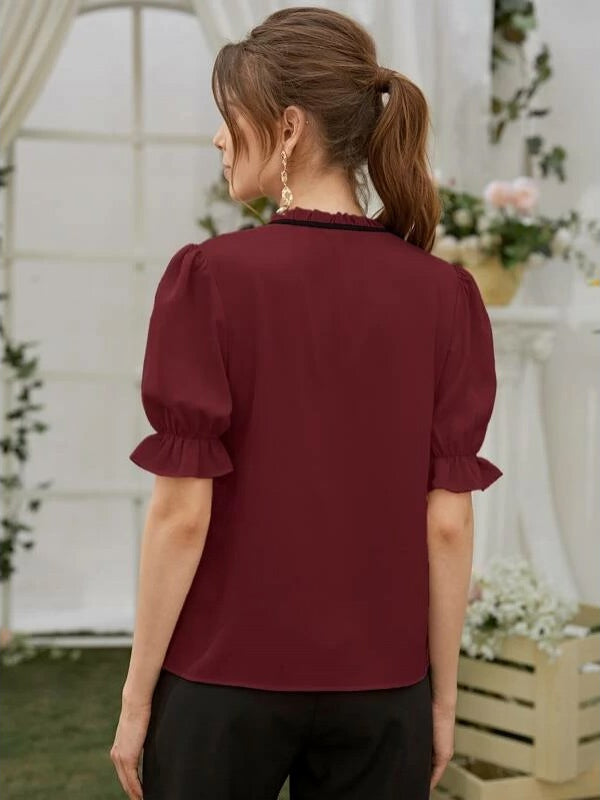 Mardaz- Tie Neck Flounce Sleeve Blouse Md1963- Maroon