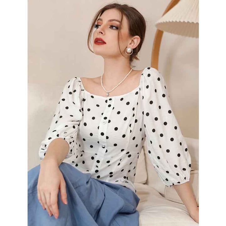 Shein- Polka Dot Button Front Puff Sleeve Scoop Neck Blouse