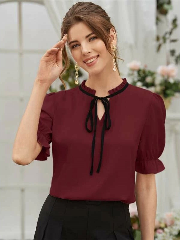 Mardaz- Tie Neck Flounce Sleeve Blouse Md1963- Maroon