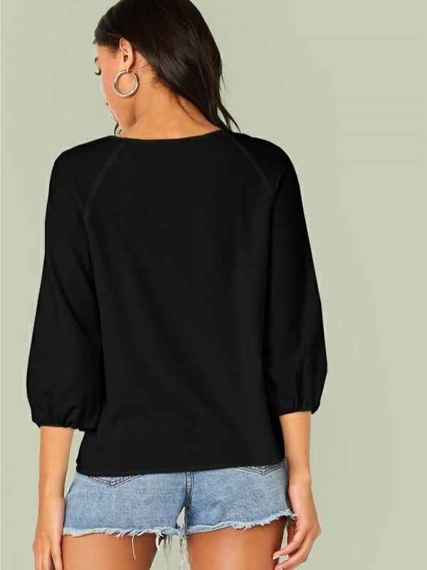 Mardaz- Solid Lantern Sleeve Blouse Md1797- Black