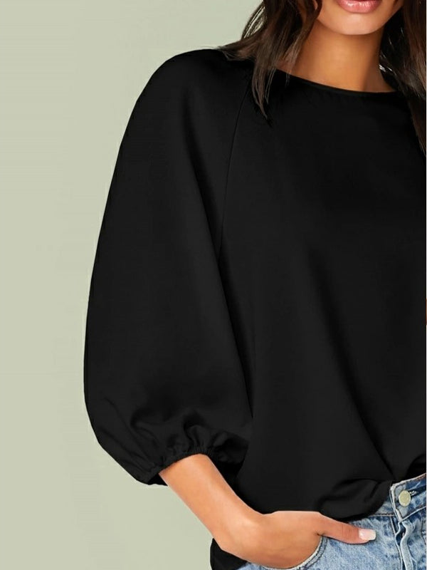 Mardaz- Solid Lantern Sleeve Blouse Md1797- Black