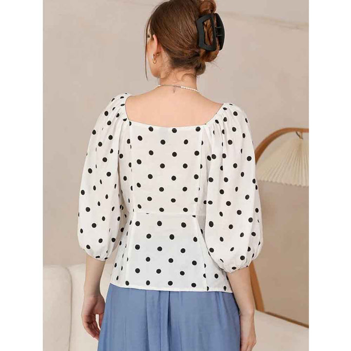 Shein- Polka Dot Button Front Puff Sleeve Scoop Neck Blouse