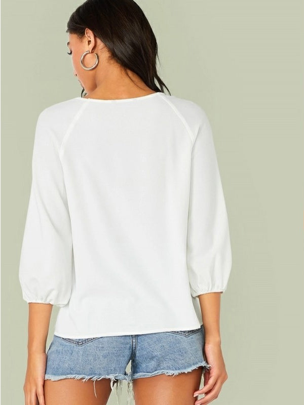 Mardaz- Solid Lantern Sleeve Blouse Md1791- White