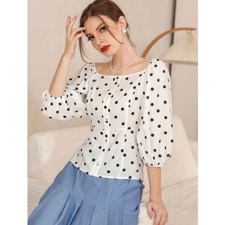 Shein- Polka Dot Button Front Puff Sleeve Scoop Neck Blouse