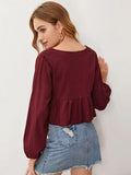 Mardaz- Plunging Neck Knot Front Peplum Blouse Md1421- Maroon