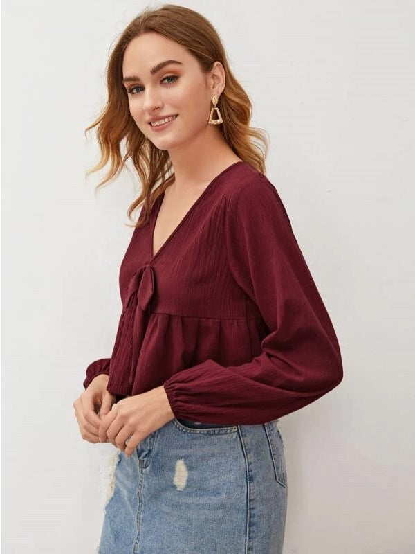 Mardaz- Plunging Neck Knot Front Peplum Blouse Md1421- Maroon